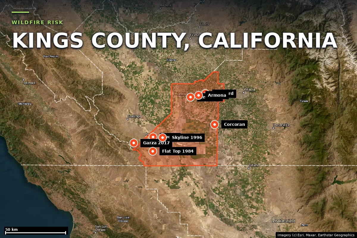 Satellite locator map of Kings County, California, with the county boundary outlined