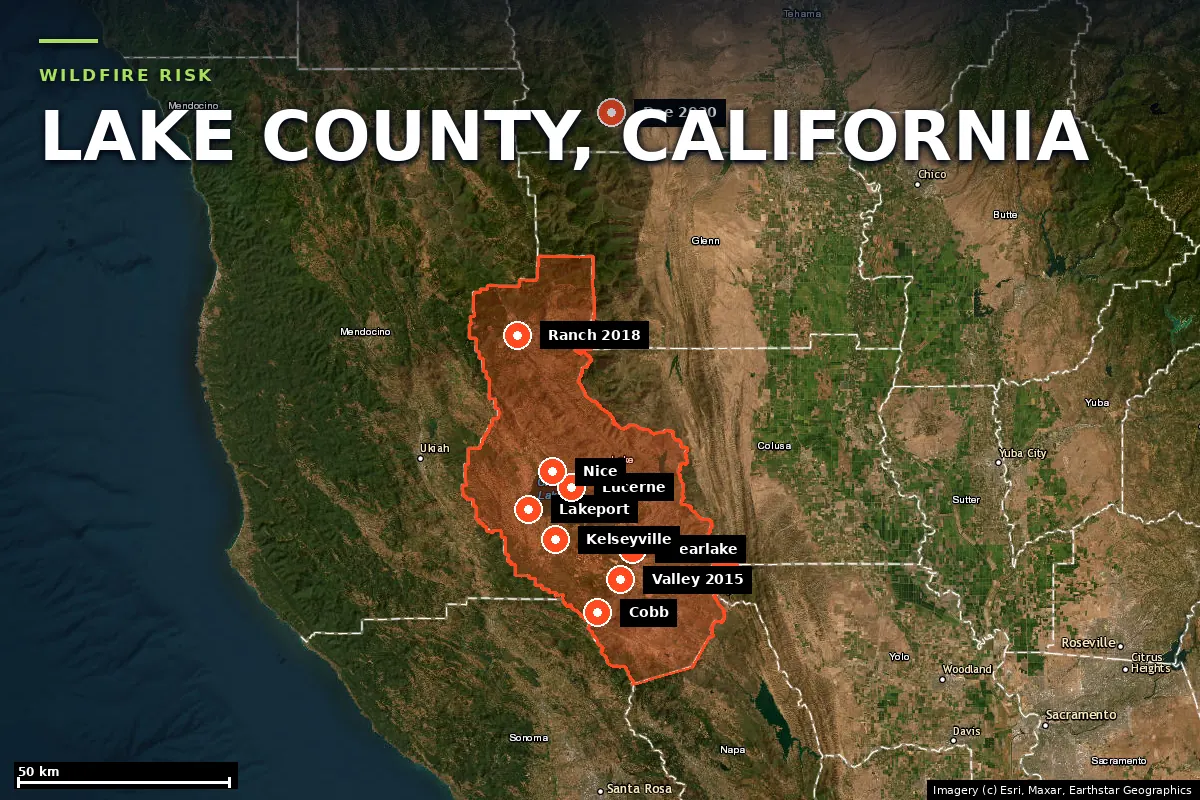 Satellite locator map of Lake County, California, with the county boundary outlined