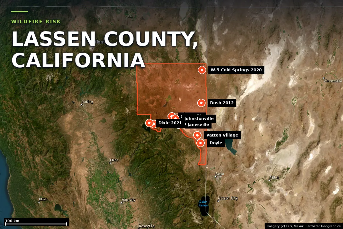 Satellite locator map of Lassen County, California, with the county boundary outlined