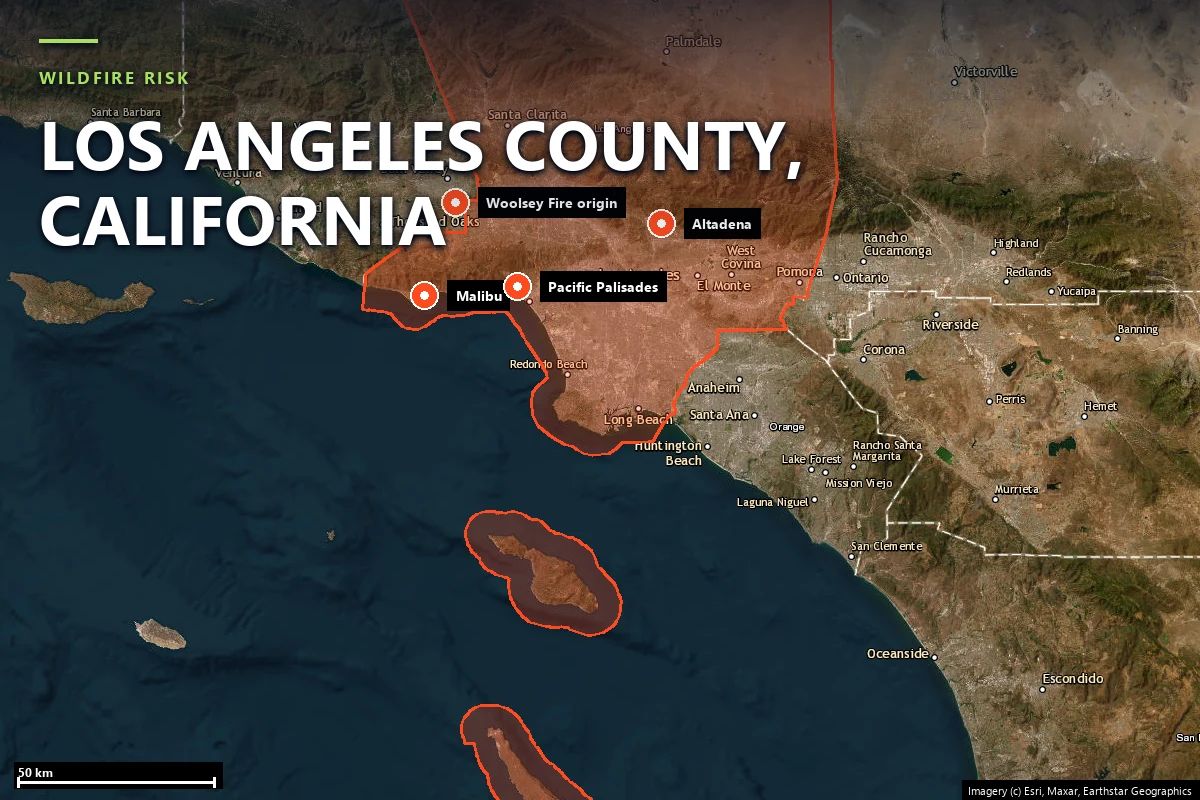 Satellite locator map of Los Angeles County, California, with the county boundary outlined and Malibu, Los Angeles, Altadena, Pacific Palisades, and the 2018 Woolsey Fire ignition point marked