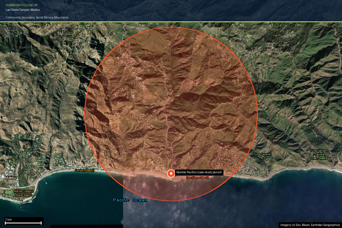 Las Flores Canyon community boundary outlined on current satellite imagery in the Santa Monica Mountains above Malibu, showing the canyon and ridge terrain between the Woolsey and Palisades fire footprints