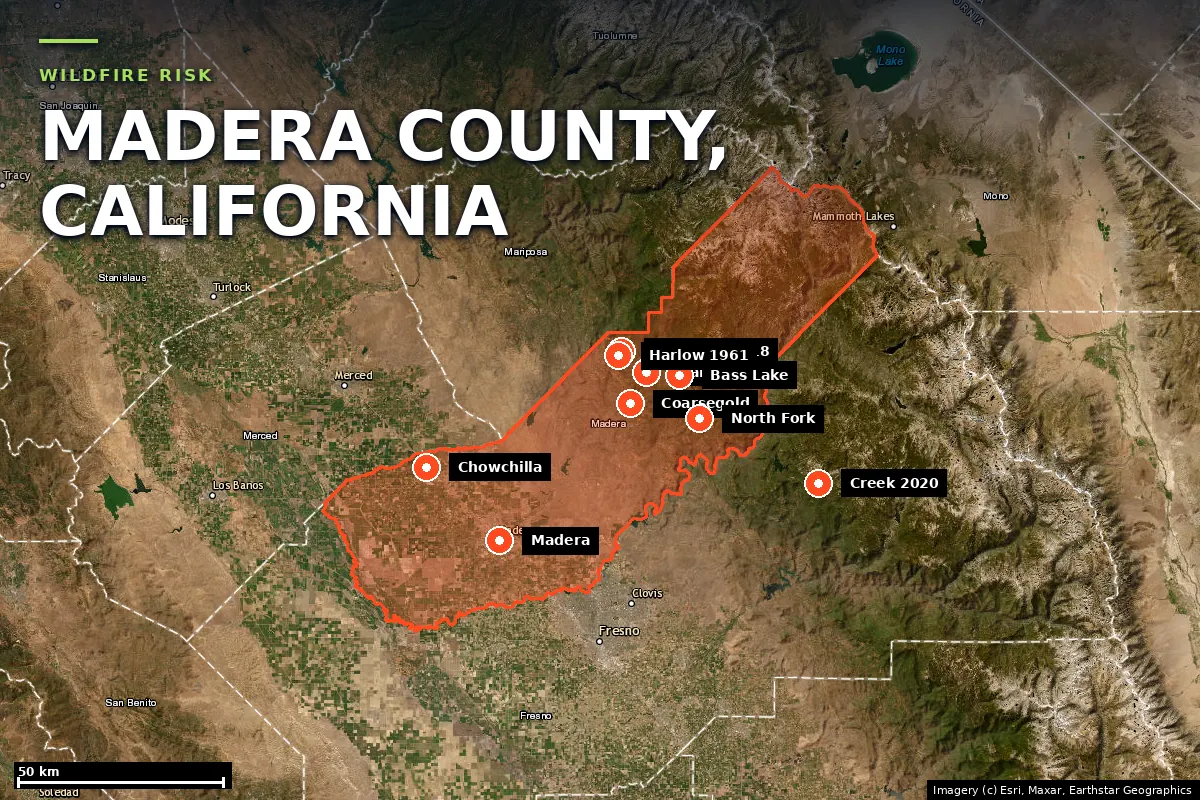 Satellite locator map of Madera County, California, with the county boundary outlined