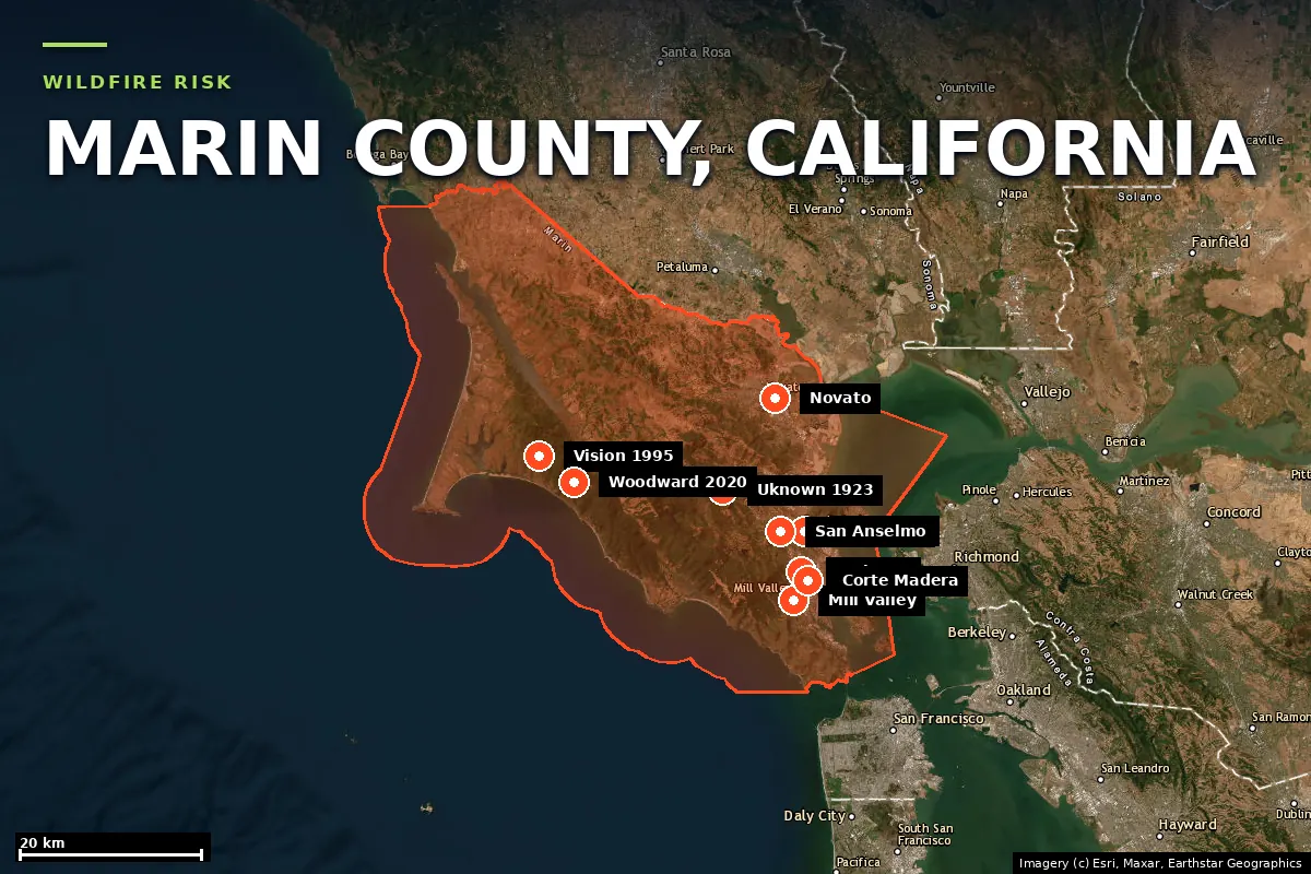 Satellite locator map of Marin County, California, with the county boundary outlined