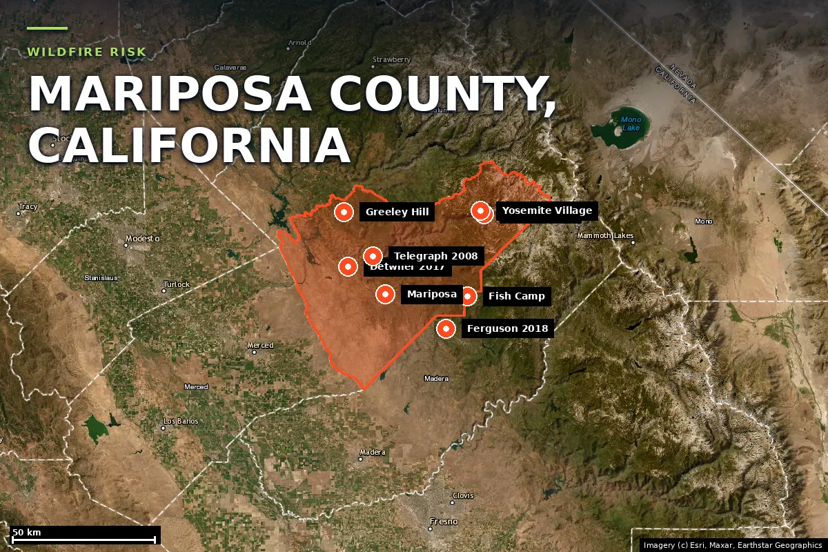Satellite locator map of Mariposa County, California, with the county boundary outlined
