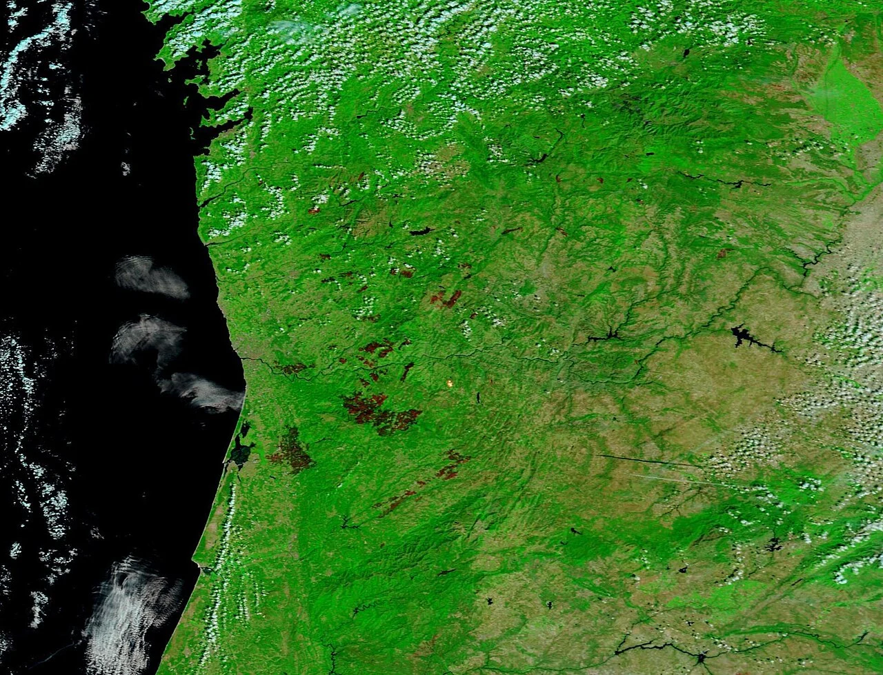 MODIS satellite image of northern and central Portugal on 26 September 2024 showing dark burn scars from the mid-September fires across Aveiro district and the north, partly under cloud