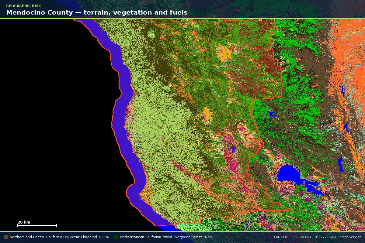 LANDFIRE existing vegetation type map of Mendocino County, California, with the county boundary outlined