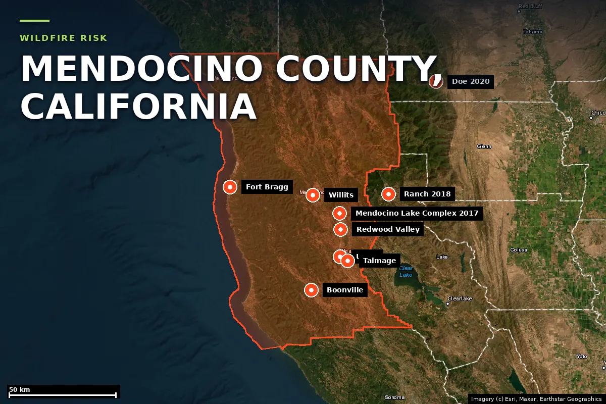 Satellite locator map of Mendocino County, California, with the county boundary outlined
