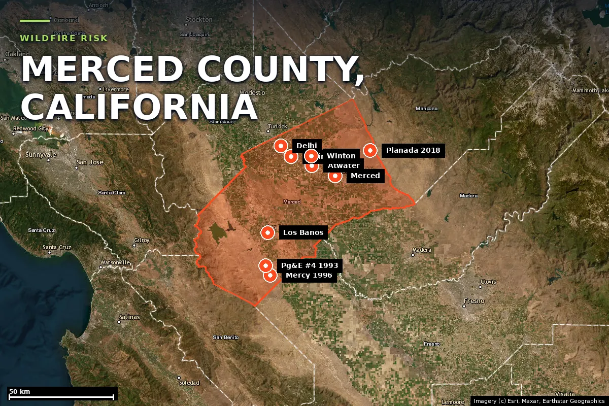 Satellite locator map of Merced County, California, with the county boundary outlined