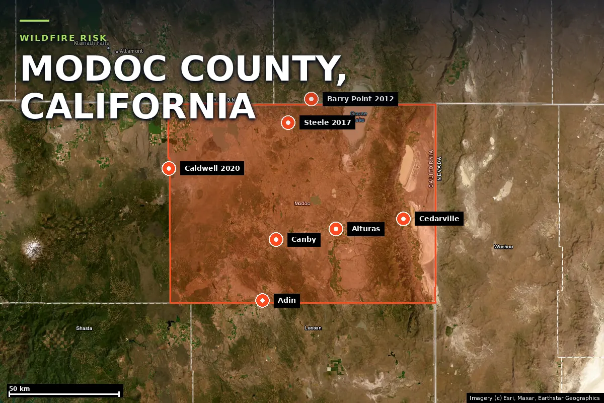 Satellite locator map of Modoc County, California, with the county boundary outlined