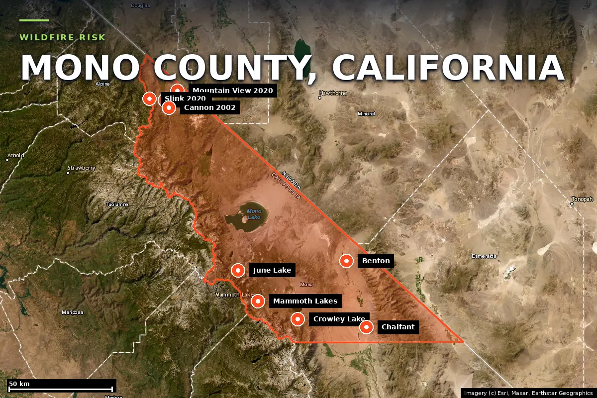 Satellite locator map of Mono County, California, with the county boundary outlined