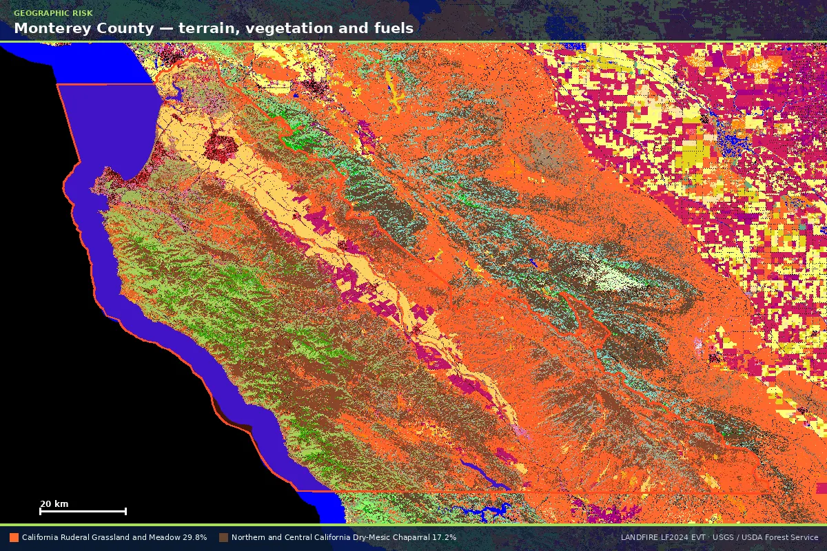 LANDFIRE existing vegetation type map of Monterey County, California, with the county boundary outlined