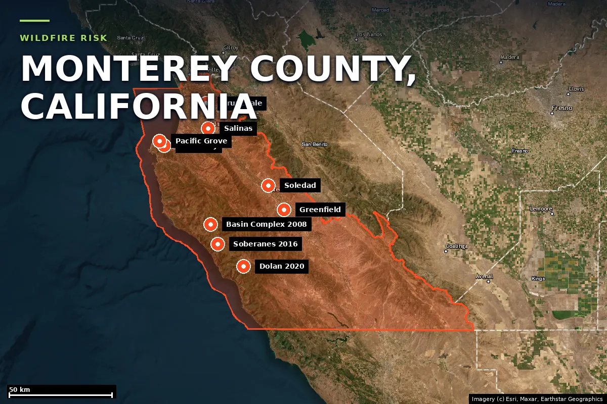 Satellite locator map of Monterey County, California, with the county boundary outlined