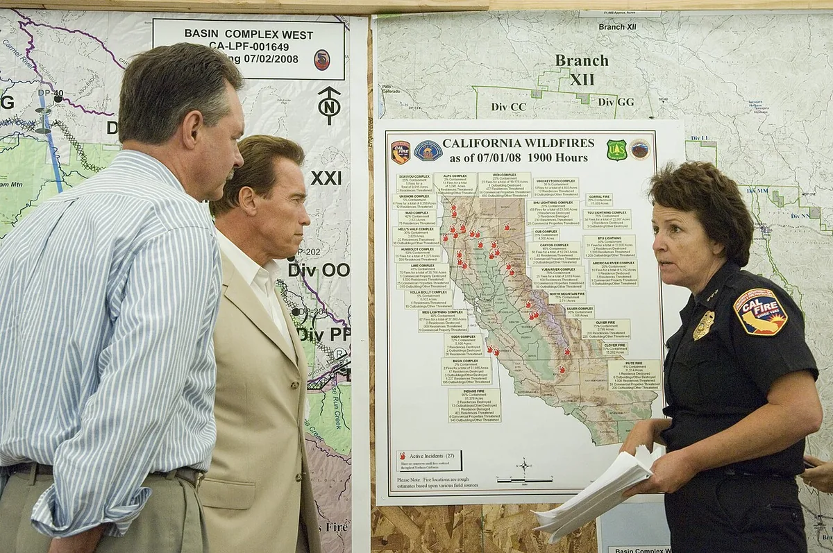 Basin Complex Fire (2008) in Monterey County, California - Big Sur, CA, July 2, 2008, FEMA Administrator R. David Paulison and Governor Arnold Schwarzenegger attend a CA Fire briefing. The 