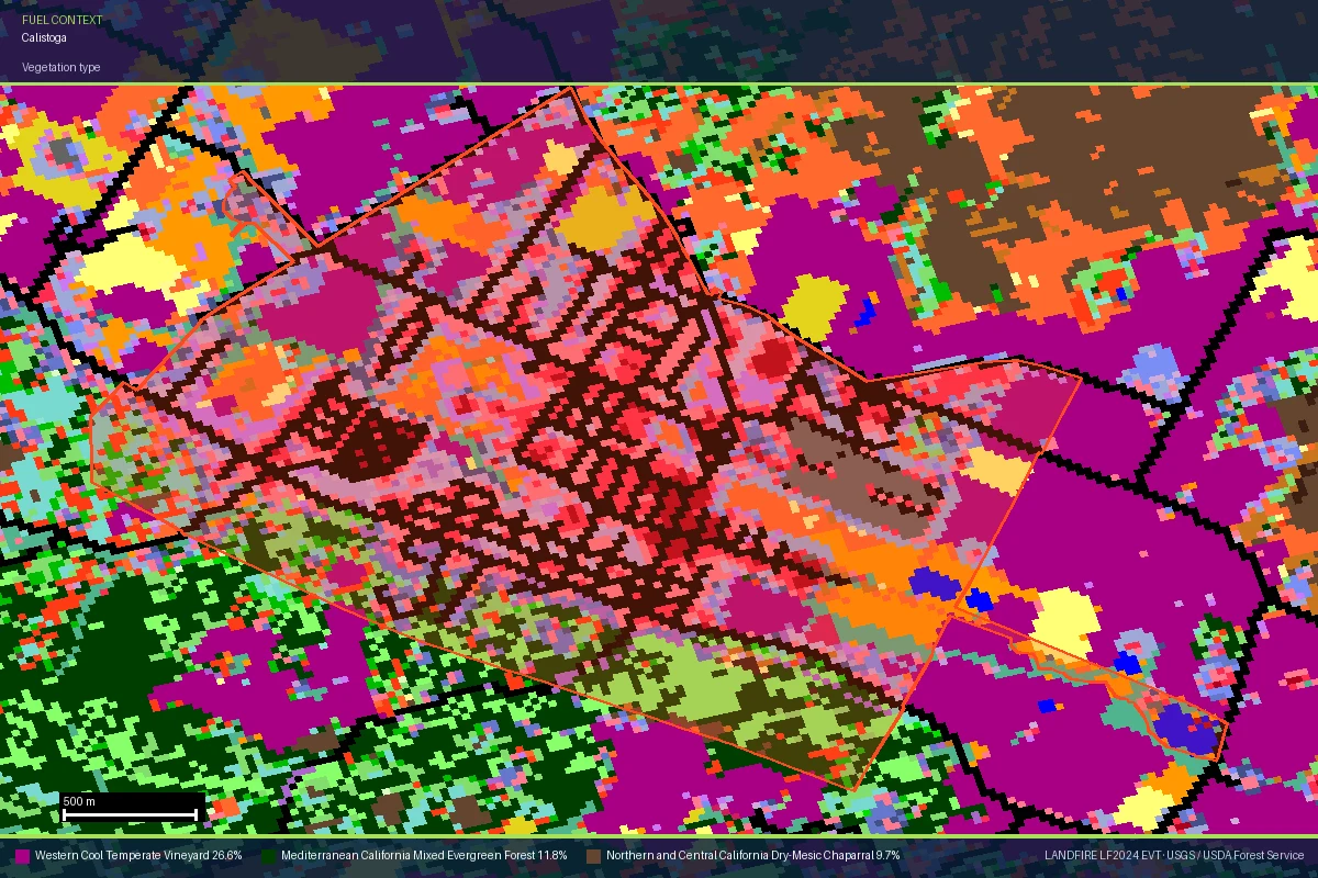 LANDFIRE vegetation map of Calistoga, California, showing the Calistoga city boundary over a mosaic of Western Cool Temperate Vineyard (magenta), Mediterranean California Mixed Evergreen Forest (dark green), and Northern and Central California Dry-Mesic Chaparral (brown)
