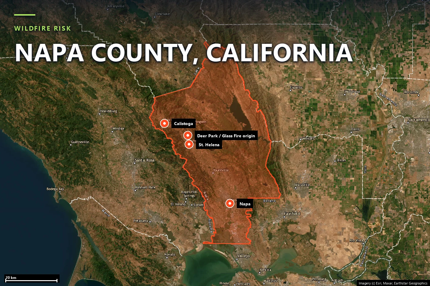 Satellite locator map of Napa County, California, with the county boundary outlined and Calistoga, Deer Park, St. Helena, Napa, and the 2020 Glass Fire origin point marked