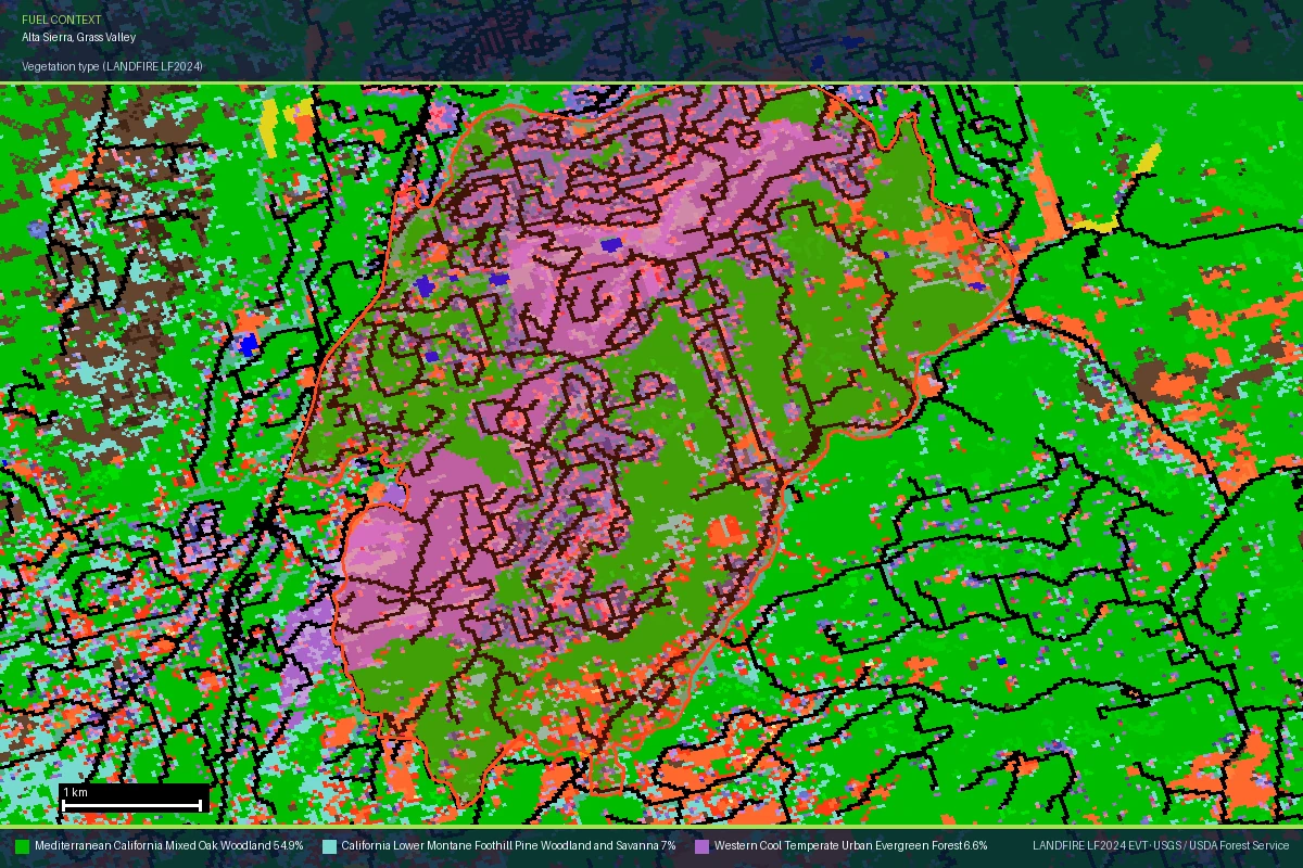 LANDFIRE LF2024 vegetation-type map of Alta Sierra, Nevada County, showing the community boundary filled largely with green Mediterranean California mixed oak woodland and a violet core of urban evergreen forest where the housing sits under closed canopy