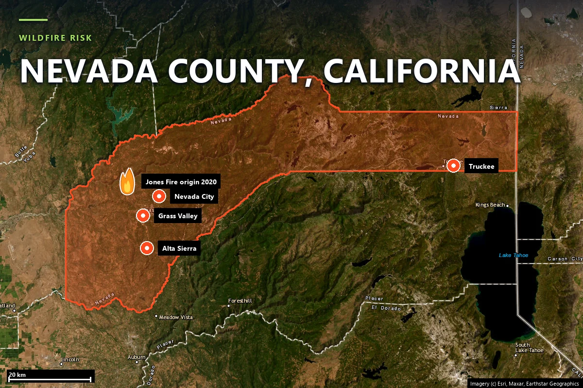 Satellite locator map of Nevada County, California, with the county boundary outlined and Grass Valley, Nevada City, Alta Sierra and Truckee marked across the western foothills and the Sierra crest