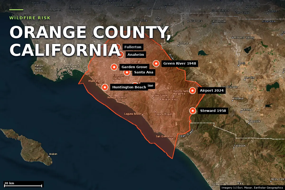 Satellite locator map of Orange County, California, with the county boundary outlined