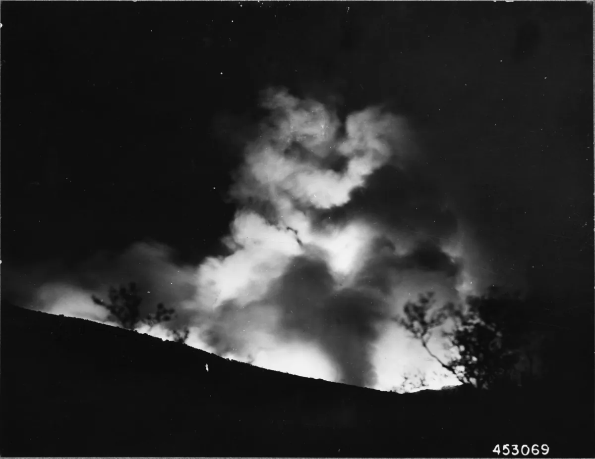 Green River Fire (1948) in Orange County, California - Green River Fire- fire by night. Cleveland National Forest, California. (Forest Service photo by Don Downie.