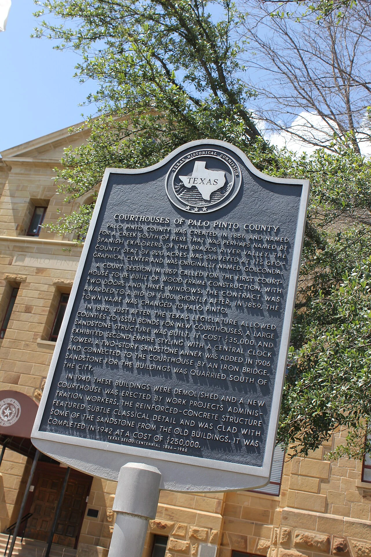Historic courthouse district scene in Palo Pinto County, Texas, representing the county’s long-settled civic core away from the reservoir-edge WUI