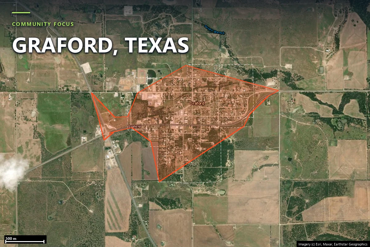 Satellite close-up of the Graford case-study area in Palo Pinto County showing clustered development, shoreline geometry and a limited road network