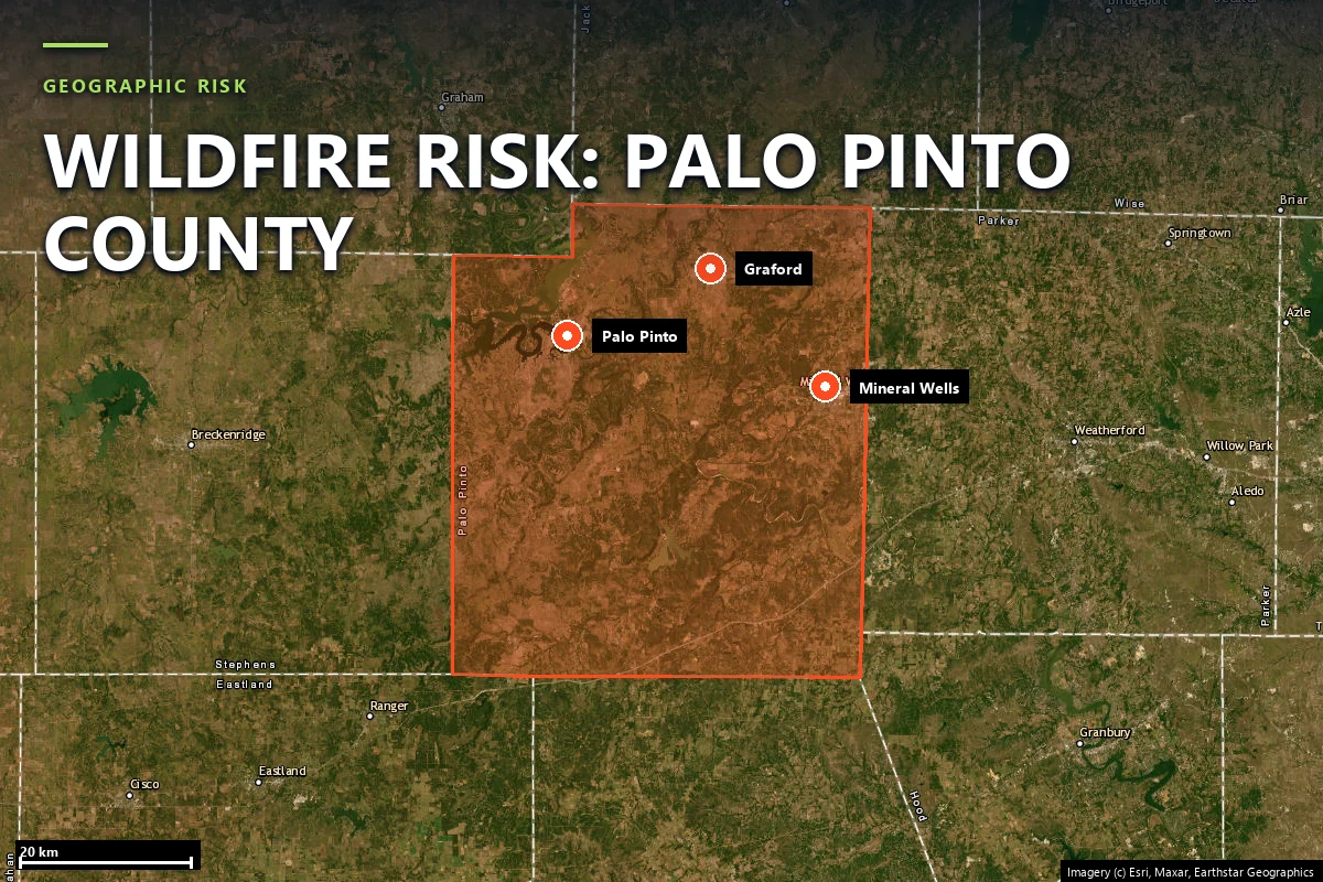 Satellite locator map of Palo Pinto County, Texas, with the county boundary outlined and Graford, Palo Pinto, Mineral Wells and Strawn marked