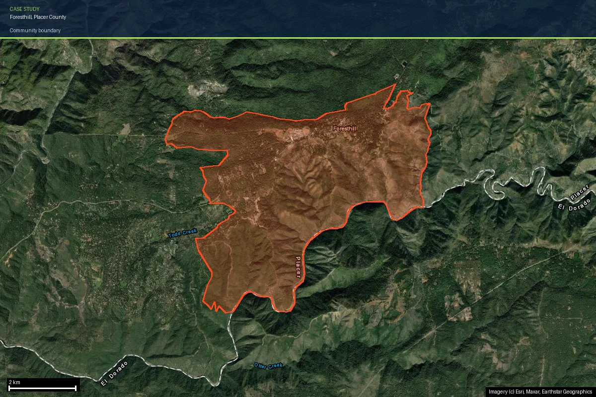 Foresthill community boundary outlined on current satellite imagery, showing the town sitting on a forested ridge between American River canyons near the Placer-El Dorado county line