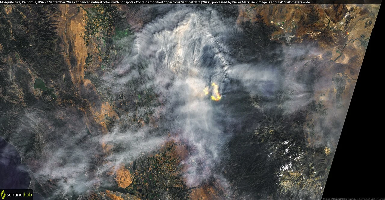 Sentinel satellite image showing the Mosquito Fire's smoke plume spreading across Placer and El Dorado counties, California, September 9, 2022
