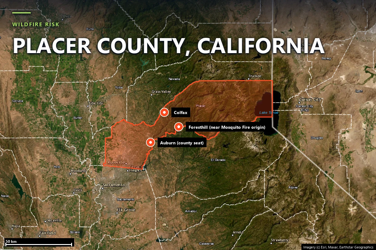 Satellite locator map of Placer County, California, with the county boundary outlined and Auburn, Colfax, and Foresthill marked near the 2022 Mosquito Fire origin point at Oxbow Reservoir