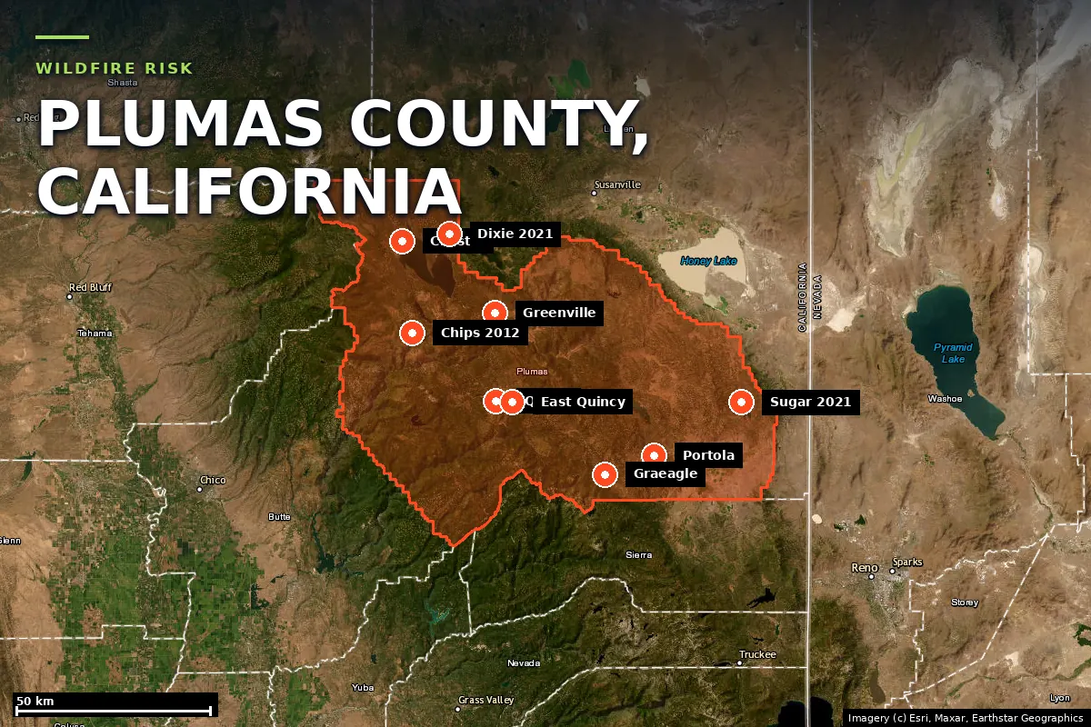 Satellite locator map of Plumas County, California, with the county boundary outlined