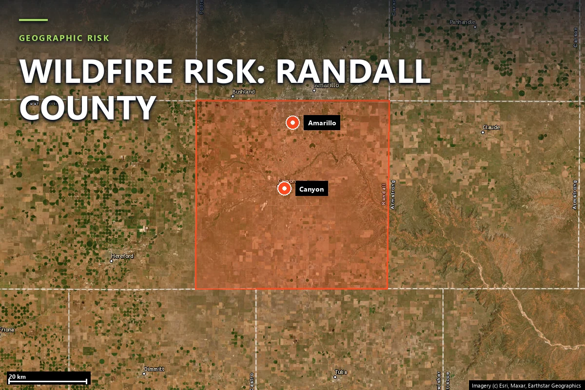 Satellite locator map of Randall County, Texas, with the county boundary outlined and Canyon, Amarillo south side, Happy and Umbarger marked