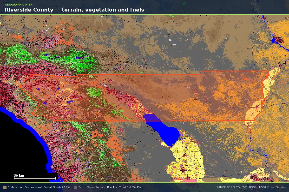LANDFIRE existing vegetation type map of Riverside County, California, with the county boundary outlined