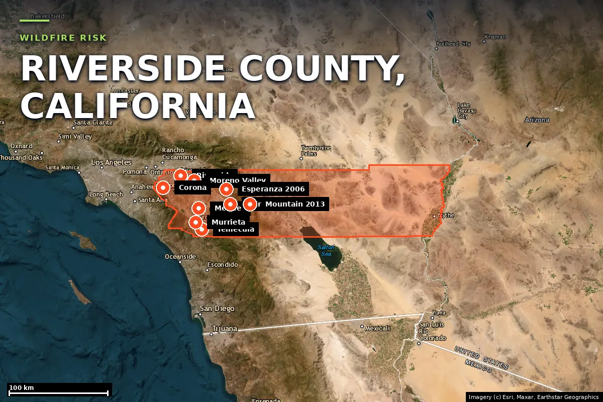 Satellite locator map of Riverside County, California, with the county boundary outlined