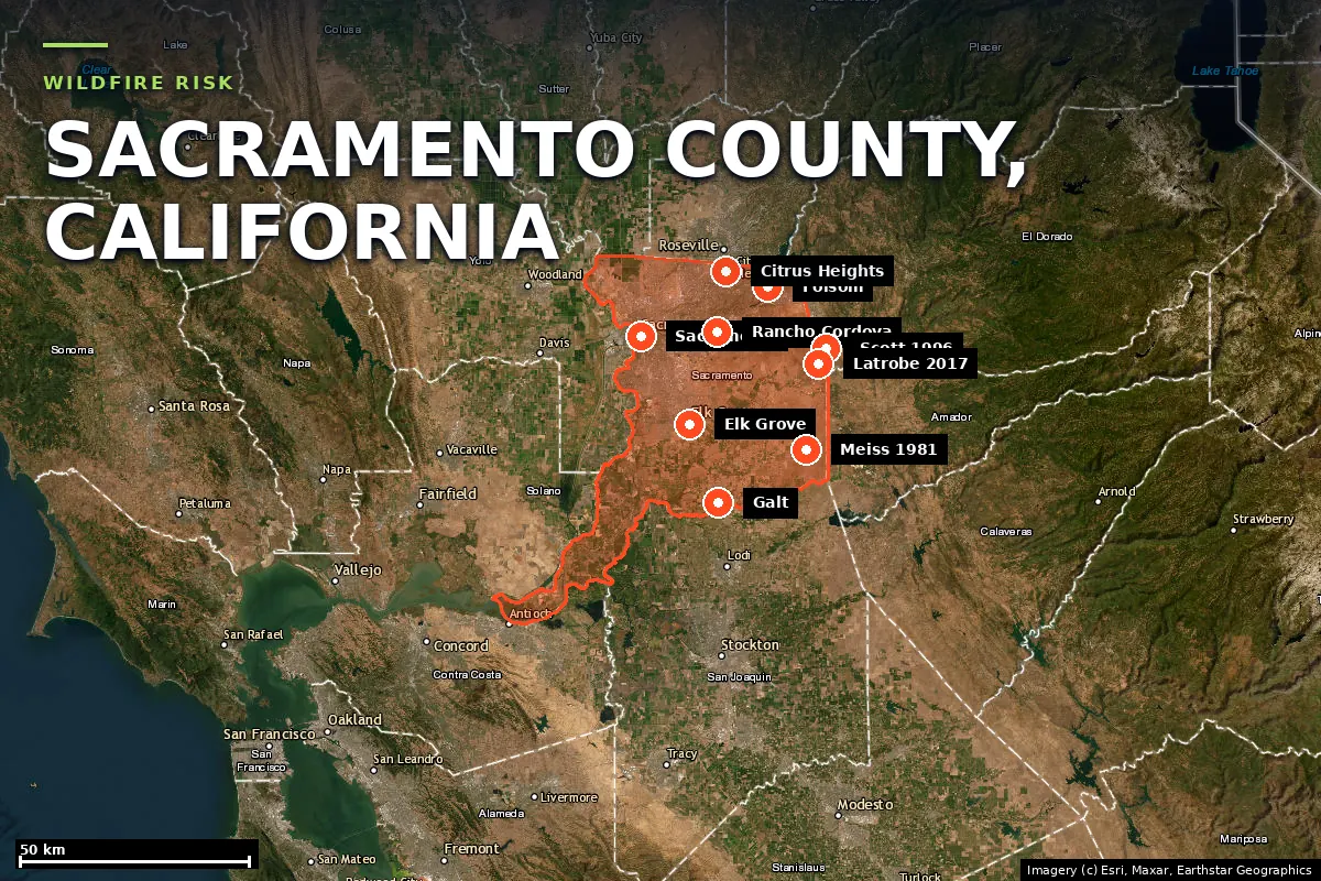 Satellite locator map of Sacramento County, California, with the county boundary outlined