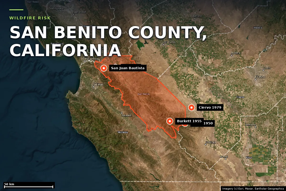 Satellite locator map of San Benito County, California, with the county boundary outlined