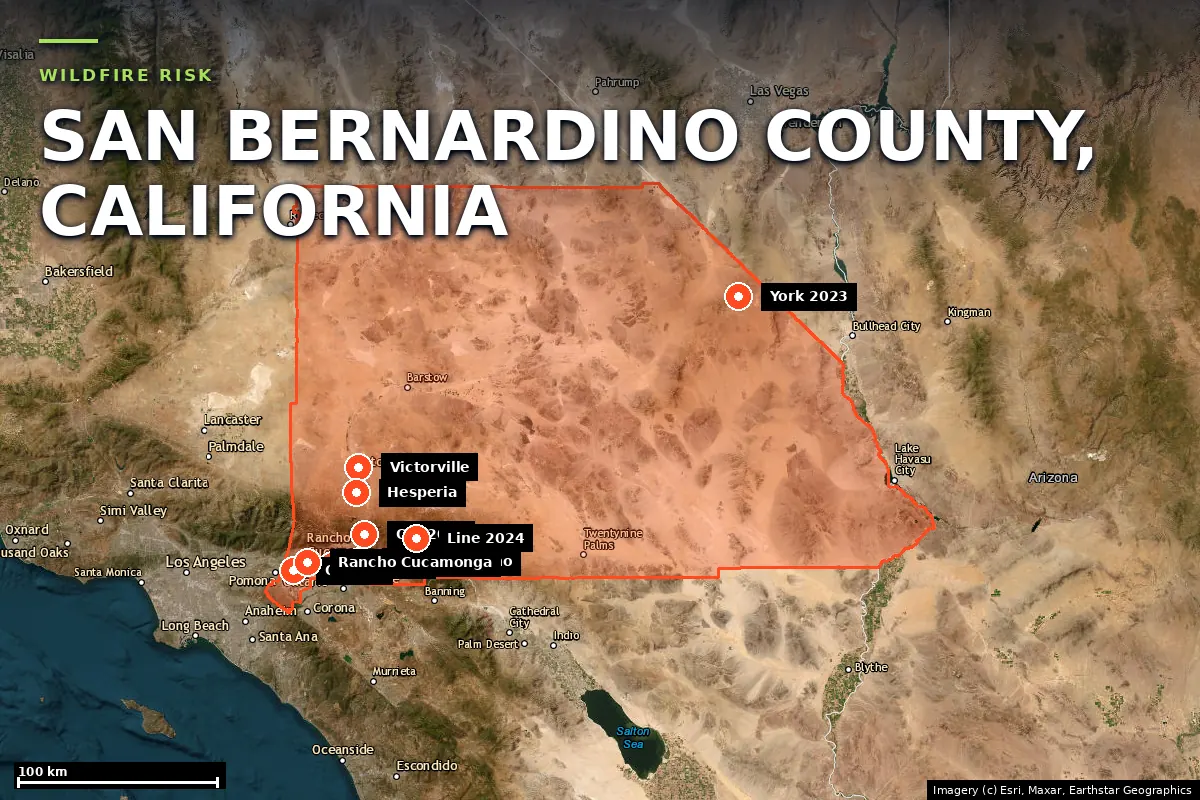 Satellite locator map of San Bernardino County, California, with the county boundary outlined
