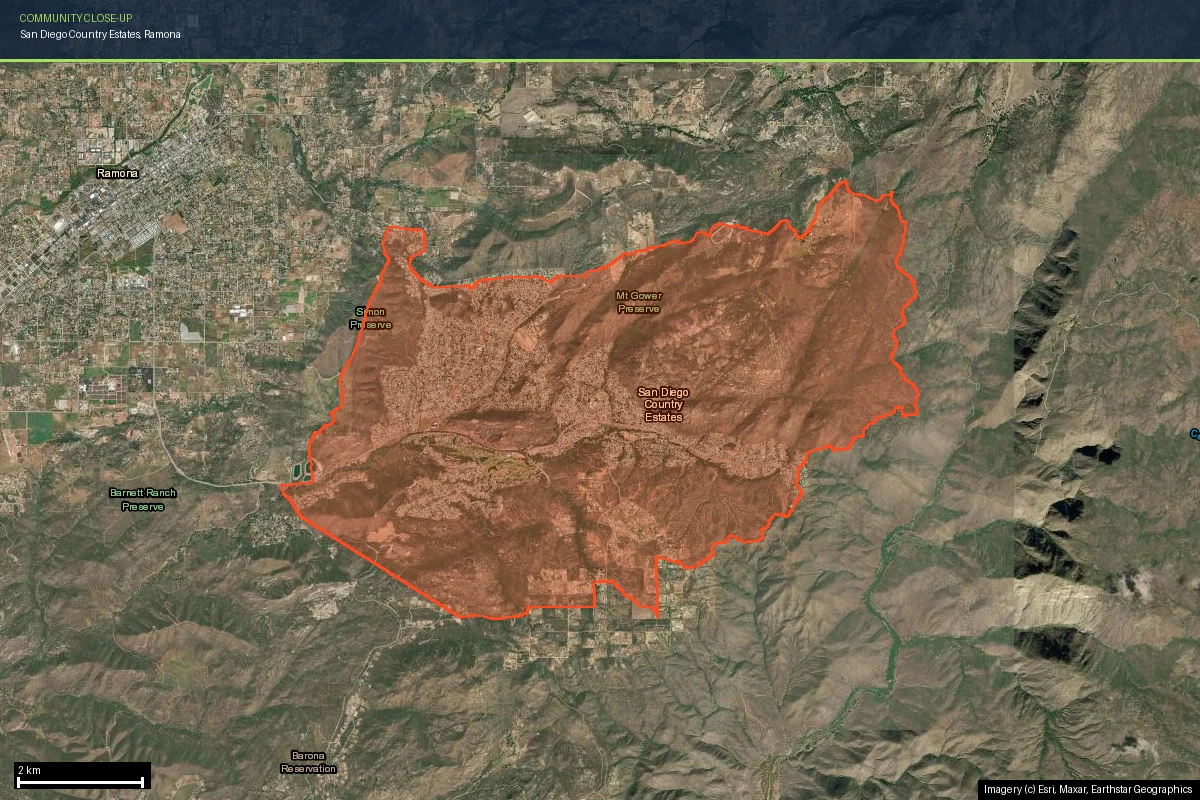 San Diego Country Estates community boundary outlined on current satellite imagery, showing the neighborhood's rolling hills between Ramona and the Barona Reservation