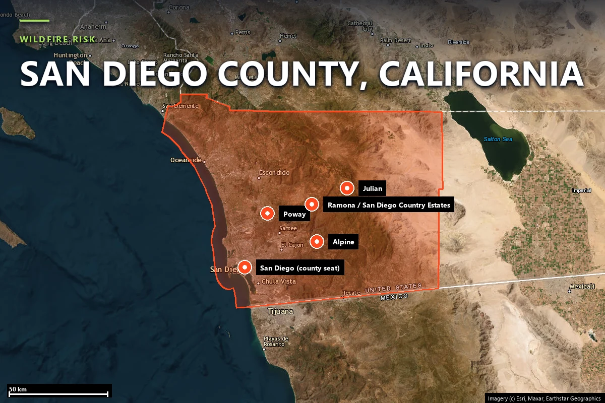 Satellite locator map of San Diego County, California, with the county boundary outlined and Ramona, San Diego Country Estates, Julian, Poway, Alpine and the City of San Diego marked