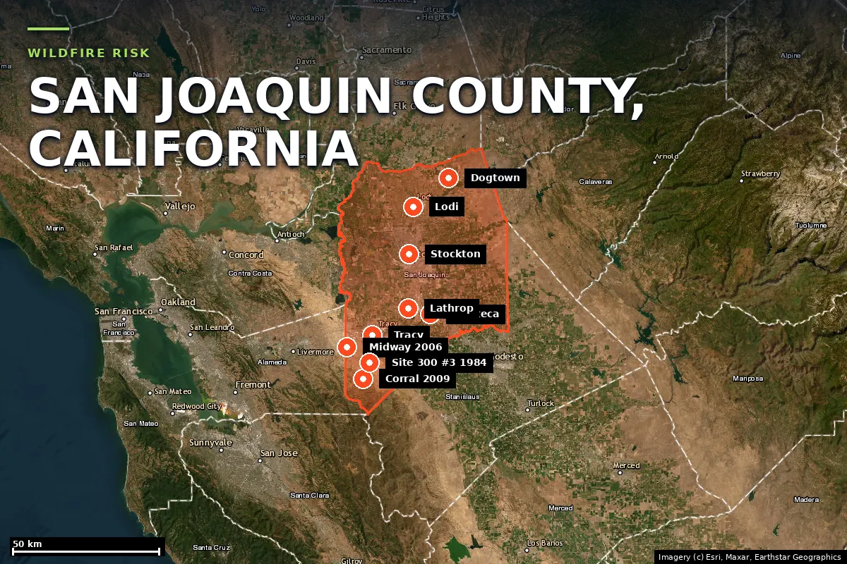 Satellite locator map of San Joaquin County, California, with the county boundary outlined