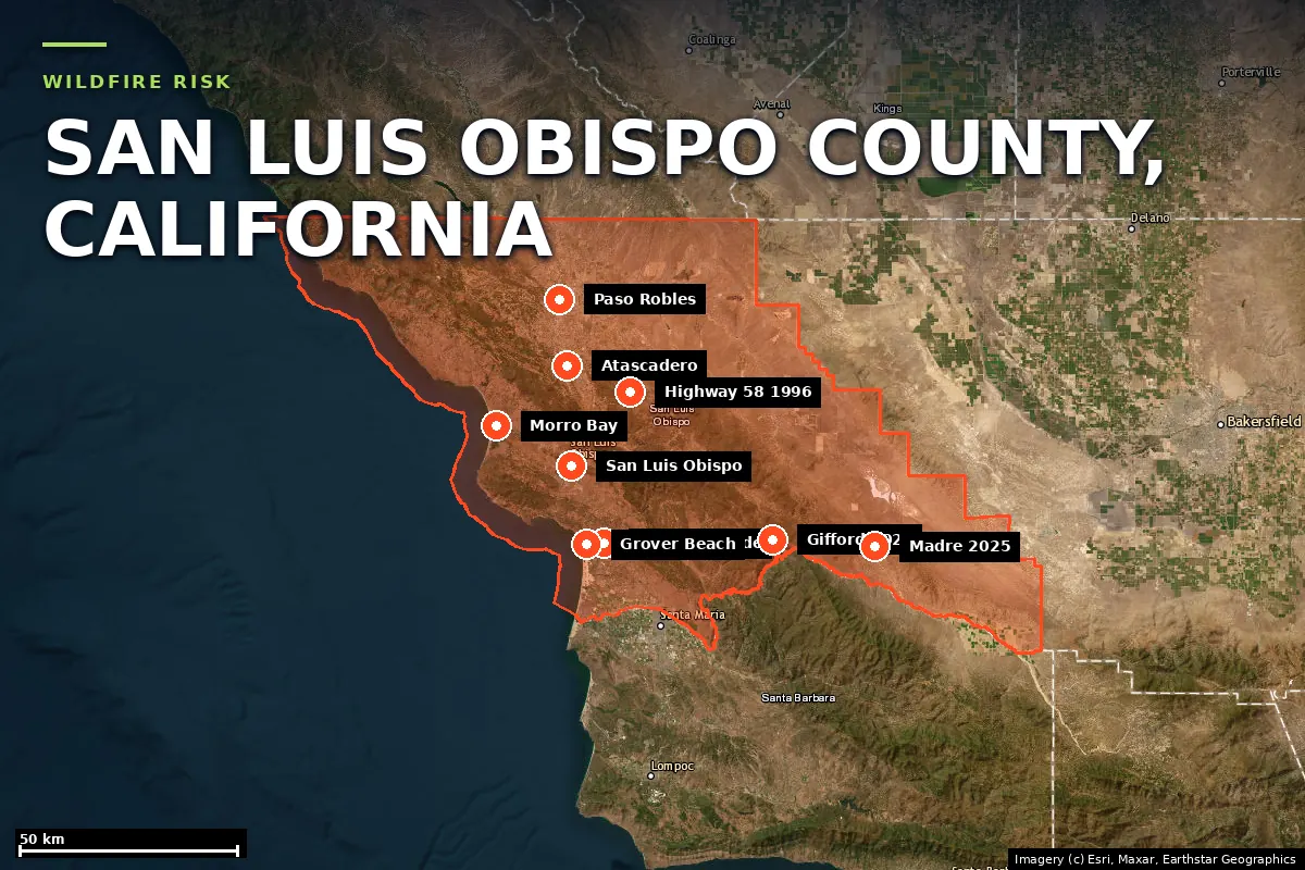 Satellite locator map of San Luis Obispo County, California, with the county boundary outlined
