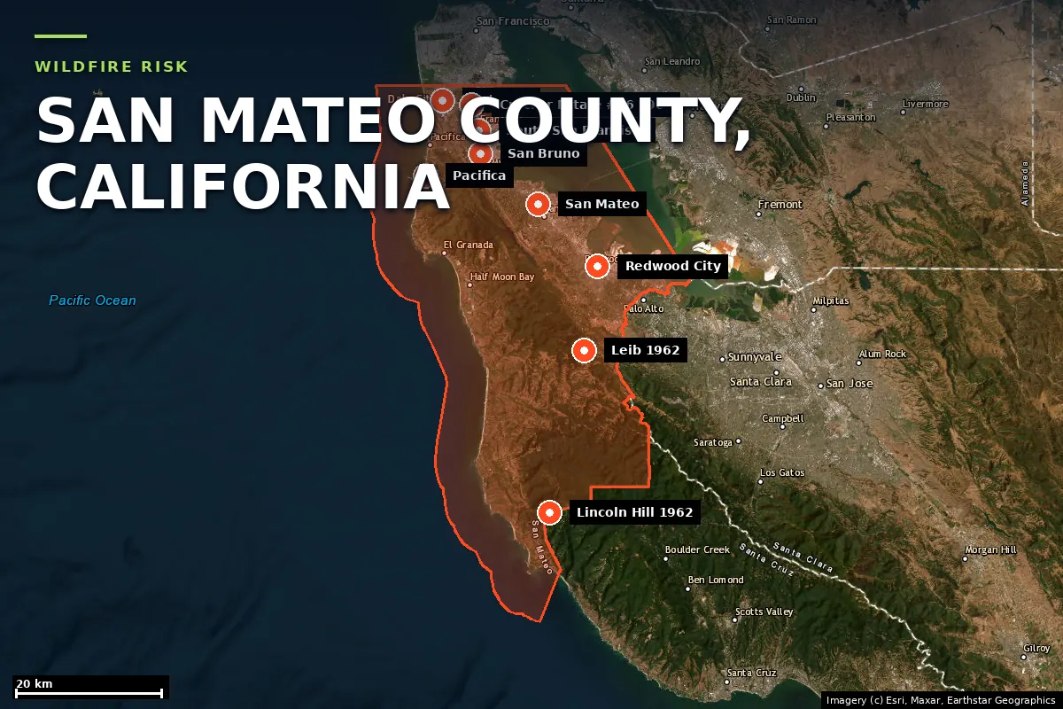 Satellite locator map of San Mateo County, California, with the county boundary outlined