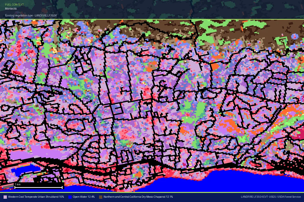 LANDFIRE existing vegetation type map of Montecito, California, showing urban shrubland and evergreen-forest estate parcels on the coastal bench with a continuous band of dry-mesic chaparral across the Santa Ynez front range directly above town