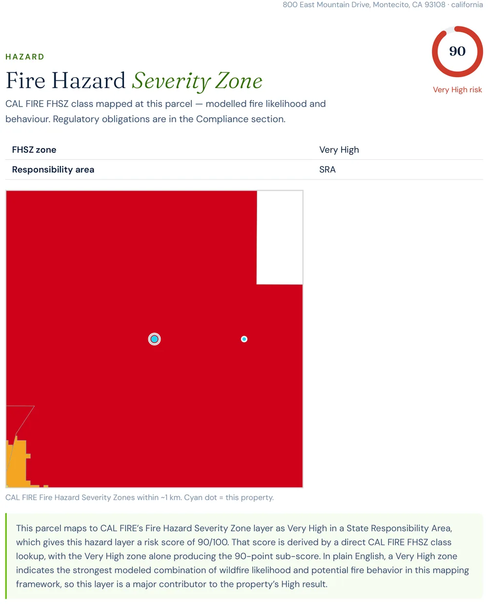 Excerpt from a Satelife wildfire risk report for an East Mountain Drive address in Montecito: CAL FIRE Fire Hazard Severity Zone map showing the parcel in a Very High zone within the State Responsibility Area
