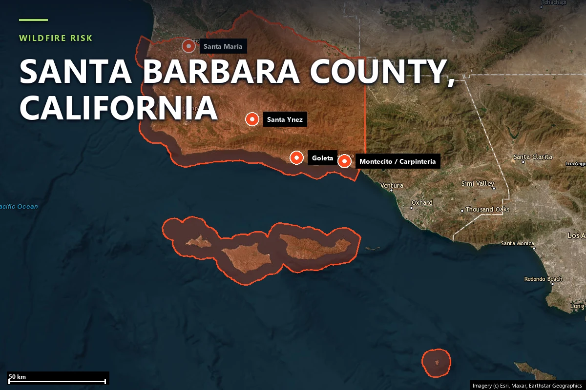 Satellite view of the Montecito foothills below the Santa Ynez Mountains in Santa Barbara County, California, the canyons that burned in the 2017 Thomas Fire and fed the 2018 debris flow