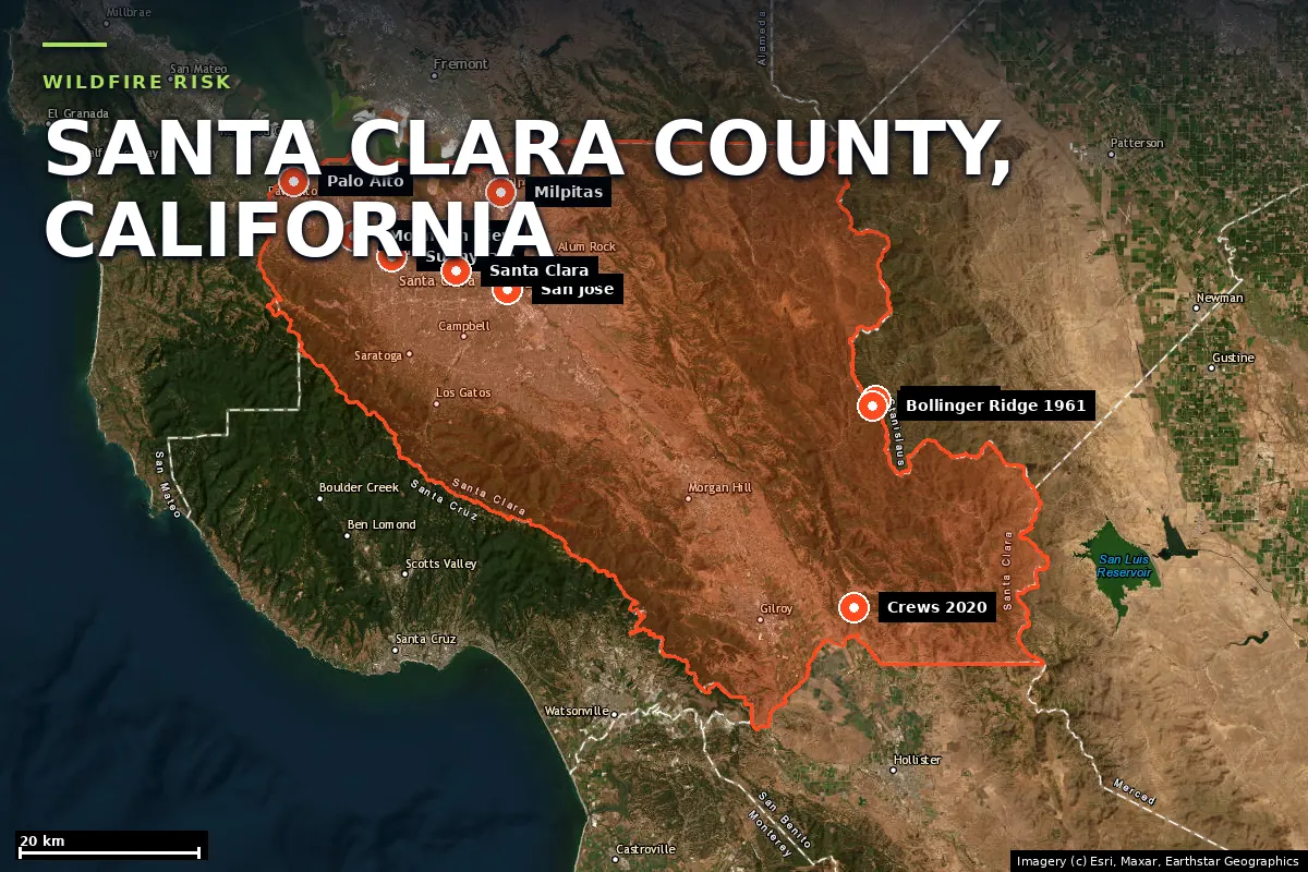 Satellite locator map of Santa Clara County, California, with the county boundary outlined