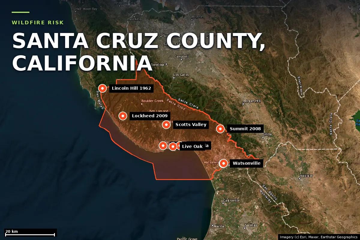 Satellite locator map of Santa Cruz County, California, with the county boundary outlined