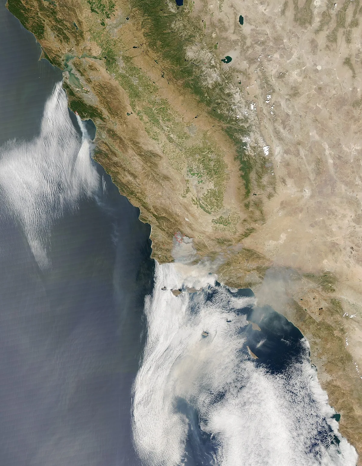 Lockheed Fire (2009) in Santa Cruz County, California - Red outlines mark the locations where the satellite detected active fire. A narrow but dense plume of smoke slices across the mout