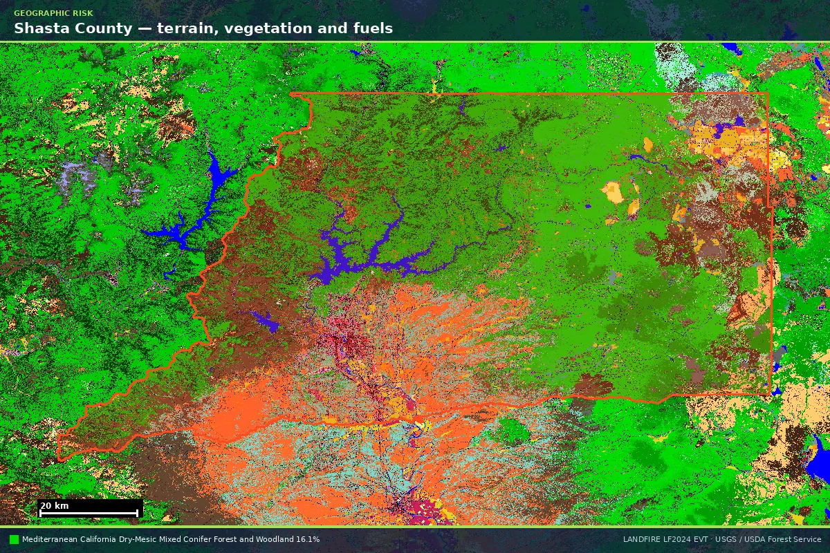LANDFIRE existing vegetation type map of Shasta County, California, with the county boundary outlined