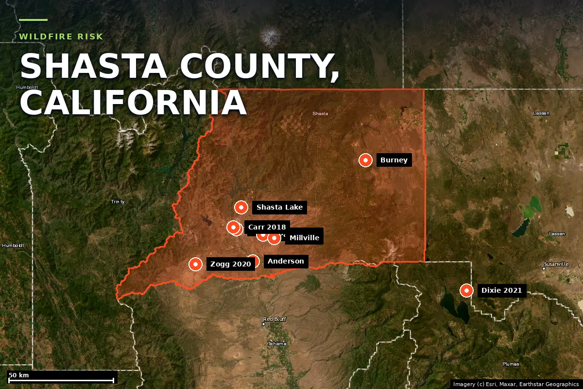 Satellite locator map of Shasta County, California, with the county boundary outlined