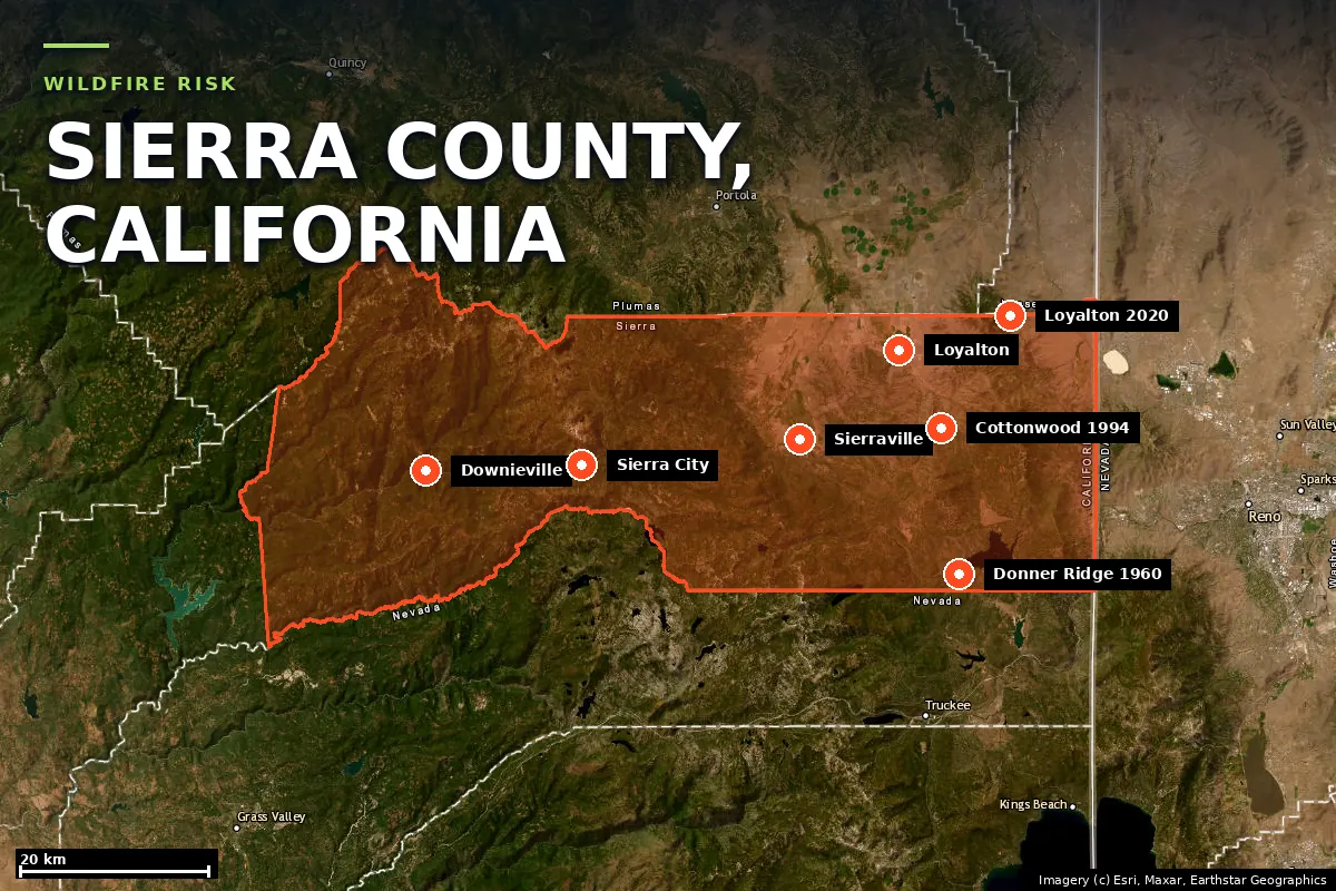 Satellite locator map of Sierra County, California, with the county boundary outlined